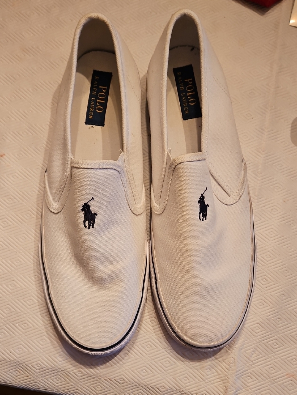 Polo by Ralph Lauren White Canvas Slip-On Loafers with Navy Logo